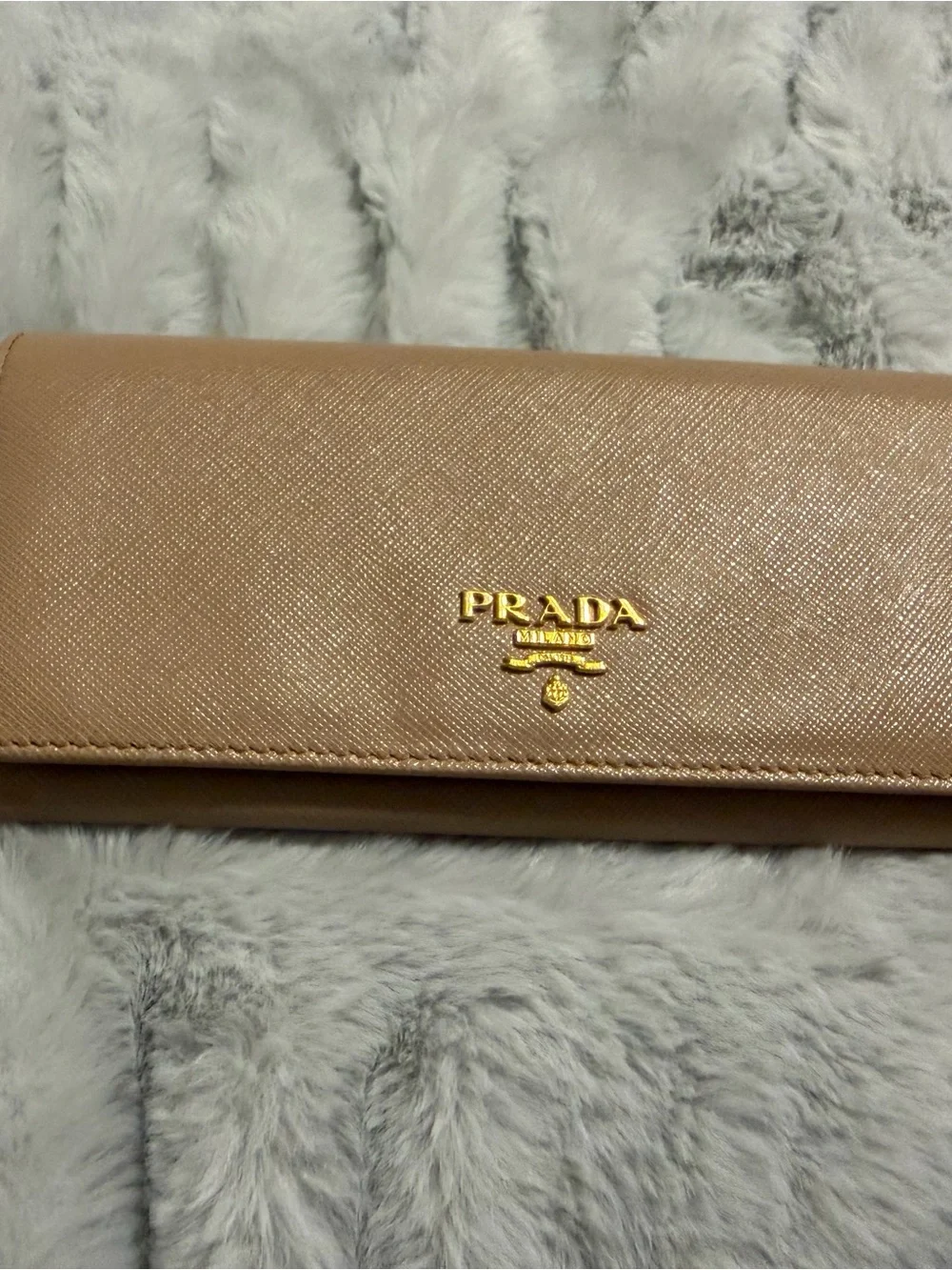 Prada Beige Saffiano Leather Continental Wallet with Gold Logo